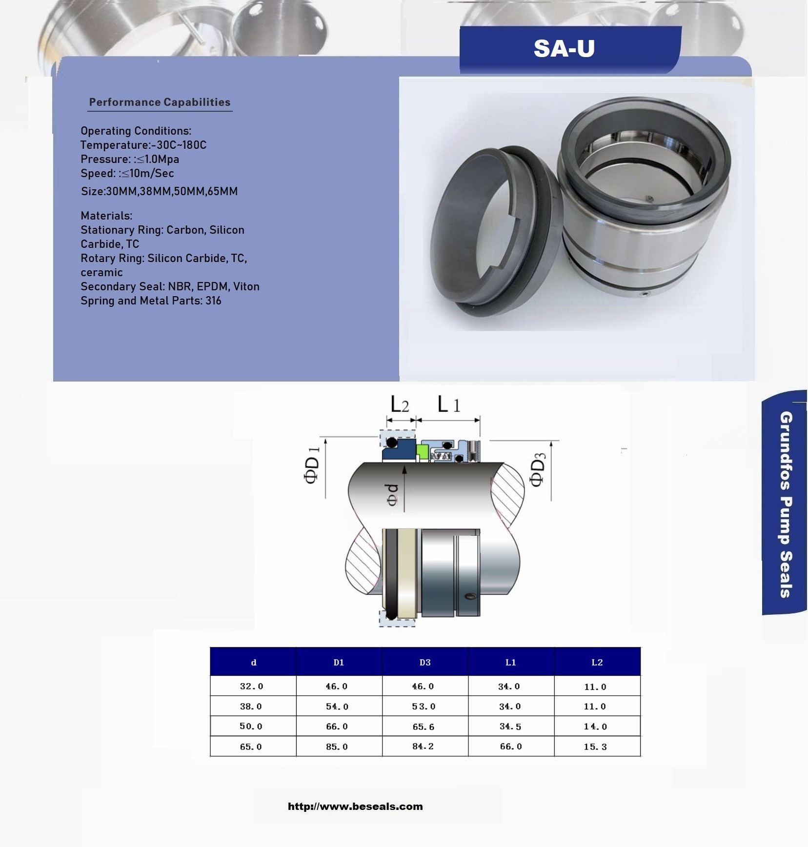 SA Upper Mechanical Seal For Grundfos Pump 30mm,38mm,50mm,65mm
